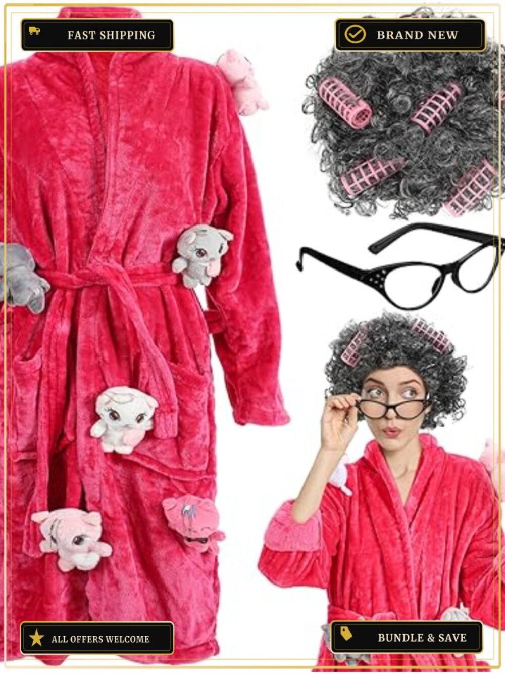 Cat Lady Costume 3 Pc Set Robe Wig Glasses Coral Fleece Halloween